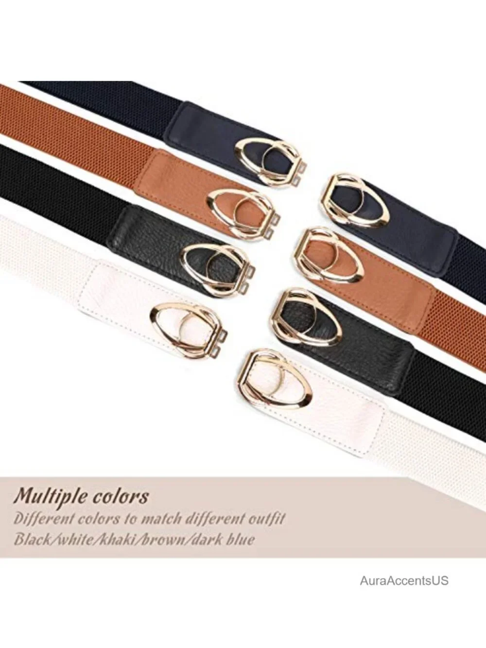 4 Pack Thin Elastic Belts Skinny Stretch Vintage Waistband Dress Gold Buckle